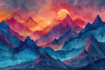 Surreal illustration of mountain climbing, abstract shapes forming peaks, dreamlike colors