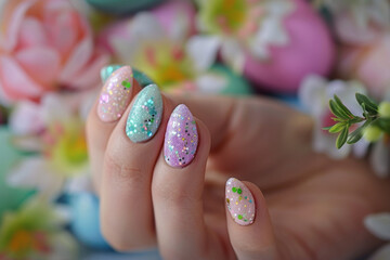 Easter-themed manicure with pastel-colored glitter nails and spring flowers, close-up on hand in beauty salon. Easter concept for nail