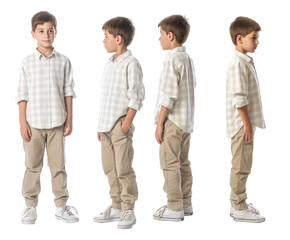 Set of young boy with natural facial beauty, aged 10, three side views, cut out