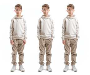 Set of young boy with natural facial beauty, aged 10, three side views, cut out