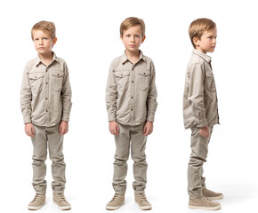 Set of young boy with natural facial beauty, aged 10, three side views, cut out