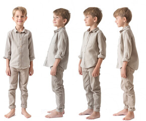 Set of young boy with natural facial beauty, aged 10, three side views, cut out