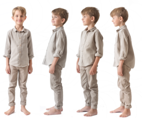 Set of young boy with natural facial beauty, aged 10, three side views, cut out