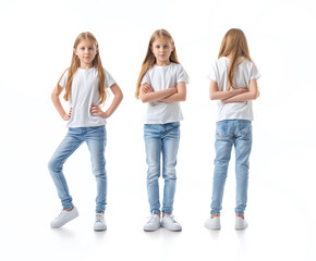 Set of young girl with natural facial beauty, aged 10, three side views, cut out