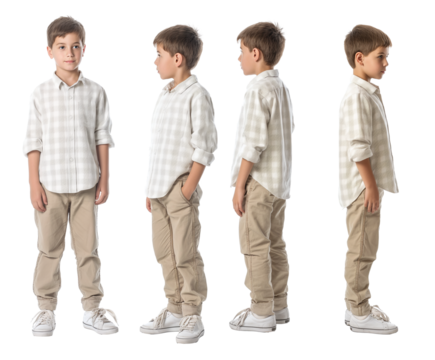Set of young boy with natural facial beauty, aged 10, three side views, cut out