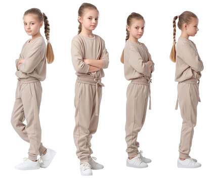 Set of young girl with natural facial beauty, aged 10, three side views, cut out