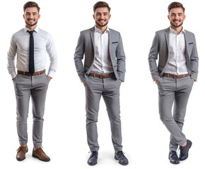Set of business Man with natural face beauty, 25 years old, three side view on transparent background, cut out