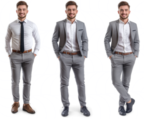 Set of business Man with natural face beauty, 25 years old, three side view on transparent background, cut out