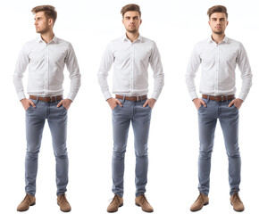 Set of business Man with natural face beauty, 25 years old, three side view on transparent background, cut out