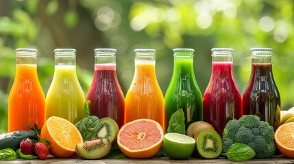 fresh fruit juices in bottles with juices and fruits on light background