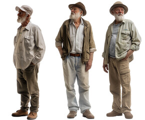 Set of elderly man with natural facial beauty, aged 60, three side views on a transparent background, cut out