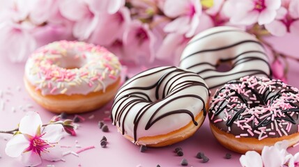 Delicious handmade donuts drizzled with white and black chocolate stand out against a bright backdrop with blooming flowers nearby Perfect for Women s Day or Valentine s Day celebrations fe