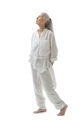 Old Woman with natural face beauty, 60 years old, three side view on transparent background, cut out