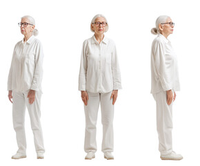 Set of old Woman with natural face beauty, 60 years old, three side view on transparent background, cut out