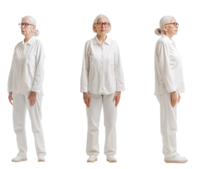 Set of old Woman with natural face beauty, 60 years old, three side view on transparent background, cut out
