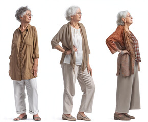 Set of old Woman with natural face beauty, 60 years old, three side view on transparent background, cut out