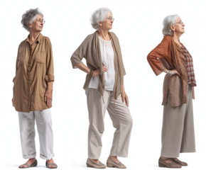 Set of old Woman with natural face beauty, 60 years old, three side view on transparent background, cut out