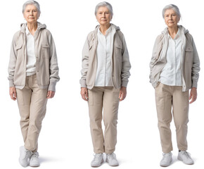 Set of old Woman with natural face beauty, 60 years old, three side view on transparent background, cut out