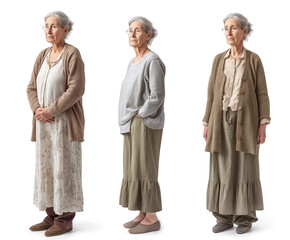 Set of old Woman with natural face beauty, 60 years old, three side view on transparent background, cut out