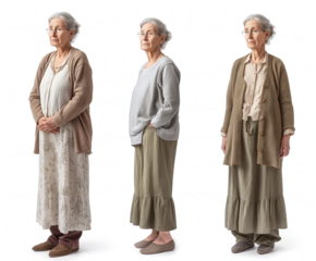 Set of old Woman with natural face beauty, 60 years old, three side view on transparent background, cut out