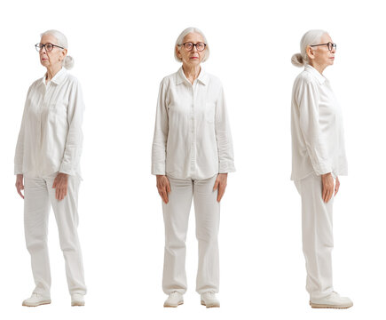 Set of old Woman with natural face beauty, 60 years old, three side view on transparent background, cut out