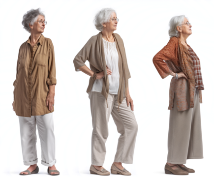 Set of old Woman with natural face beauty, 60 years old, three side view on transparent background, cut out