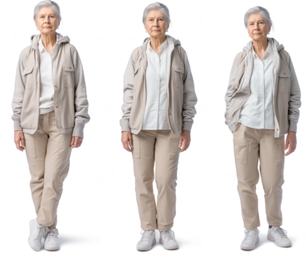 Set of old Woman with natural face beauty, 60 years old, three side view on transparent background, cut out