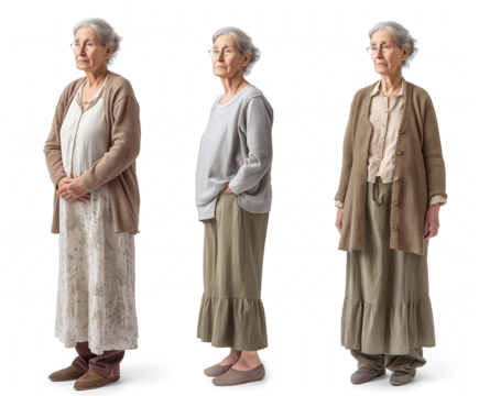 Set of old Woman with natural face beauty, 60 years old, three side view on transparent background, cut out