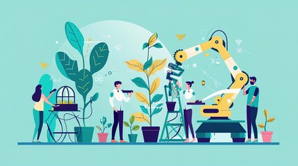 Naklejka premium A team of scientists in a modern laboratory are working on a new project. They are using a robotic arm to help them with their research.