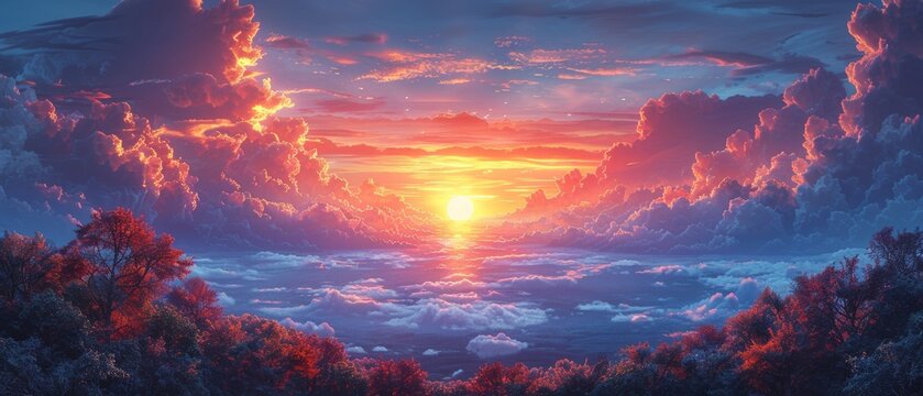 Landscape fantasy, neon sunset, love island, clouds, fabulous mystical forest for lovers. Heart-shaped cave. 3D illustration.