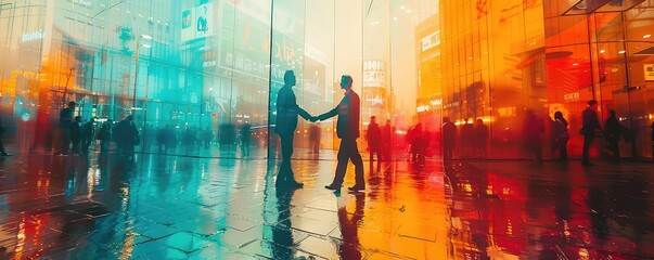 Two businessmen making a handshake at a busy trade fair, vibrant colors, wide angle