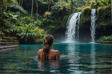 Fototapeta premium waterfall in Bali, woman in bikini bathing and swimming in the water shoulder deep surrounded by the beautiful nature of Bali