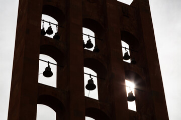 SARDARAPAT, ARMENIA - 19 April 2022: Sardarapat Memorial, a memorial complex to the Battle of Sardarapat located in the village of Araks. Silhouette of the bells