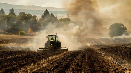 Fototapeta premium A tractor plowing through farmland, kicking up dust in the warm light of the setting sun.