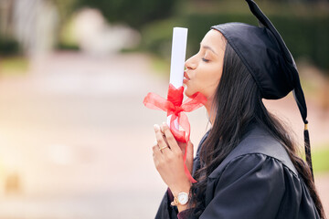 Kiss, diploma and student at graduation in celebration of college, education and achievement....