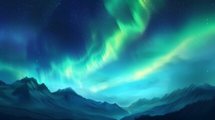 Fantastic landscape with aurora borealis in the night sky over the mountains.
