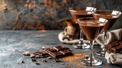 glass of chocolate with cocktail and spices on table