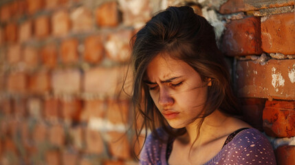 portrait of sad young woman sitting on brick wall background
