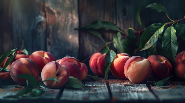 On a sun soaked summer day vibrant red flat peaches with their lush leaves steal the spotlight against a rich dark wooden backdrop creating a captivating image with selective focus