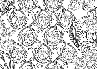 Terri Tulip flowers, decorative flowers and leaves in art nouveau style, vintage, old, retro style. Seamless pattern, background. Vector illustration.