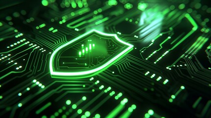 Glowing Green Shield Icon on Futuristic Computer Circuit Board