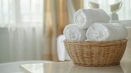 Fototapeta na wymiar In a bathroom setting, a wicker basket holds neatly folded white towels on a table, offering a sense of cleanliness and comfort
