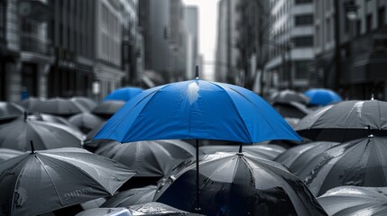 Amidst a cityscape backdrop, a blue umbrella stands out atop a cluster of gray umbrellas, symbolizing the concepts of business and safety.