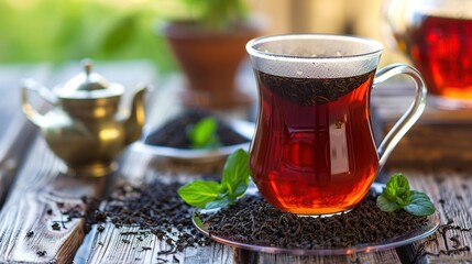 Turkish black tea , drinking glasses, cutlery and wooden log. AI Generative