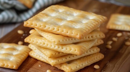 unflavored saltine crackers,crispy crackers on cutting board on wood table. AI Generative