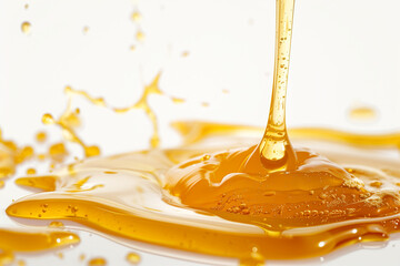 Raw honey drips, thick and golden, isolated on white with a glossy shine.