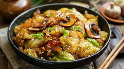 Vegetarian Braised Cabbage with shiitake mushroom. AI Generative