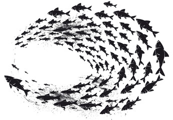 Naklejka premium School fish silhouette. Group sea shoal small fishes swim in circle, shoaling and schooling ocean life, underwater ecosystem deep marine animals, plenty tuna, set black neat icons