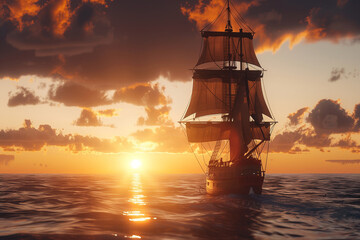 Fototapeta premium A classic tall ship sails on the open sea, evoking images of exploration, maritime history, and the romance of traditional sailing