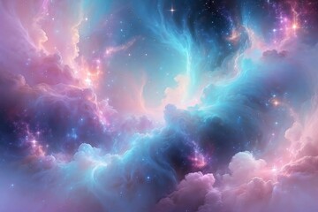 Colorful soft nebula background texture, blend of gentle hues of pink, lavender and light blue.  Dreamy twinkling stars and subtle wisps of cosmic dust.